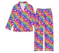 OWFKAY Set pigiama in raso setoso a maniche lunghe Lounge Pjs Set da notte 2 pezzi Button Down Nighty 5-6Y S colorato Love Stars, Stelle colorate dell'amore, 13-14 Years