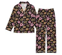 OWFKAY Set pigiama in raso setoso a maniche lunghe Lounge Pjs Set pigiameria 2 pezzi Button Down Nighty 5-6Y S Stampa leopardata Labbra Cuori, Leopardo Stampa Labbra Cuori, 13-14 Years