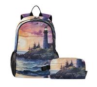 OWFKAY Zaino per bambini con paesaggio con faro sul mare, per ragazzi e ragazze, con borsa per il pranzo, set di libri, Multicolore, Taglia unica