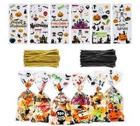 OWill 120 Pezzi sacchetti halloween, sacchetti halloween caramelle con 130 pezzi di lacci dorati e neri, sacchettini halloween e bustine halloween, 6 tipi di sacchetti caramelle halloween