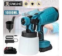 OWJHE 1000ML Pistola a spruzzo elettrica Ad alta potenza Cordless Spruzzatore di vernice Auto Mobili Rivestimento in acciaio Aerografo per Makita 18V Batteria