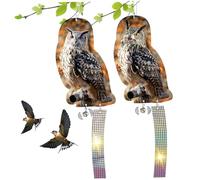 Owl Bird Scarer 2pcs Repellente per piccioni in 3D in piedi traina owl per spaventare gli uccelli con una campana e un nastro deterrente per uccelli riflettenti per giardino, finestre, balconybird