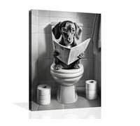 OWNANRTHM Divertente stampa artistica da parete su tela da bagno con cane bassotto sulla toilette, stampa in bianco e nero con stampa divertente per il bagno, decorazione da parete con cornice, 20 x