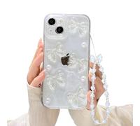 Ownest Trasparente Cover per iPhone 13, Custodia con MotivI Estetici in Perle e Fiocchi 3D Scintillanti Custodia Protettiva Antiurto per Telefono + Catena Glitterata