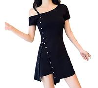 Ownwfeat Abito da donna a maniche corte con cinturino monospalla, Nero , M