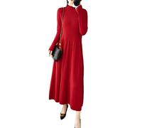 Ownwfeat Abito da donna in lana di cashmere a maniche lunghe in maglia morbida mezza dolcevita abito lungo, Rosso, L