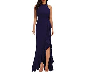 Ownwfeat Abito lungo aderente aderente senza maniche da donna con collo alto, blu navy, S
