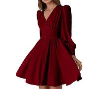 Ownwfeat Abito monopetto da donna con scollo a V manica lunga A-Line abito corto, Borgogna, L