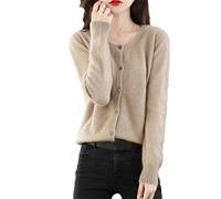 Ownwfeat Cardigan da donna, grande maglione in cashmere, scollo rotondo, cappotto largo, maglia, Cachi scuro 9, S