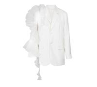 Ownwfeat Donne Organza Increspature Grande Formato Elegante Del Collo Dentellato Manica Lunga Vestibilità Larga Monopetto Giacca Formale, bianco, M