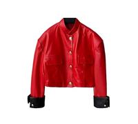 Ownwfeat Giacca da donna High Street Fashion Con Polsino Cuciture Dettaglio Stand Collare Monopetto Vera Pelle di Pecora Manica Lunga Cappotto In Pelle, Rosso, XL