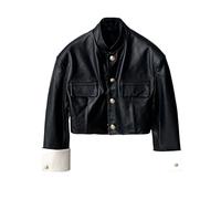 Ownwfeat Giacca da donna High Street Fashion Con Polsino Cuciture Dettaglio Stand Collare Monopetto Vera Pelle di Pecora Manica Lunga Cappotto In Pelle, Nero , XL