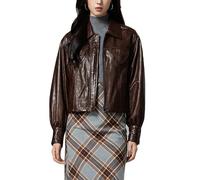 Ownwfeat Giacca da donna in vera pelle di pecora ritagliata vintage Slim Fit colletto rovesciato manica lunga chiusura cerniera High Street Soft Moto Coat, Marrone cioccolato, L
