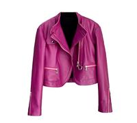 Ownwfeat Giacca da motociclista da donna in pelle di pecora aderente asimmetrica diagonale cerniera colletto rovesciato manica lunga top corti, Viola, L
