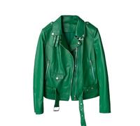 Ownwfeat Giacca da motociclista in vera pelle di pecora casual da donna con cerniera con cintura con lacci colletto rovesciato manica lunga cappotto da moto corto, EN8, M