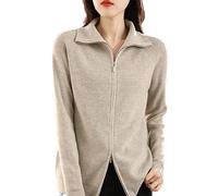 Ownwfeat Maglione di Lana da Donna Doppia Cerniera Cardigan con Risvolto Inferiore Giacca da Donna in Maglia Casual