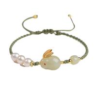 OWOHYG Bracelet Feng Shui Braid Bracelet Natural Hetian Nephrite Jade Freshwater Pearl Zodiac Rabbit Spiritual Talisman for Lucky Charm Adjustable Handwoven Bracelet for Money Prosperity,Green