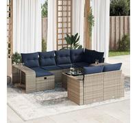 Owoxanthellate 11-TLG. - Set divano da giardino in polyrattan grigio, 55 x 53 x 34 cm, resistente alle intemperie, con vano portaoggetti e cuscino blu marino, per terrazza, balcone e patio