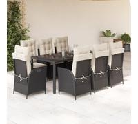 Owoxanthellate 9-TLG. Gruppo da giardino nero 190 x 90 cm in polyrattan resistente ai raggi UV con poltrone relax regolabili e tavolo in vetro per terrazze, balcone e giardino d'inverno