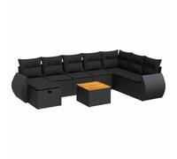Owoxanthellate 9-TLG. Rattan Lounge nero: divano ad angolo, divano centrale, sgabello, 55 x 55 cm, tavolo in acacacia, resistente ai raggi UV, modulare, giardino/terrazza/balcone