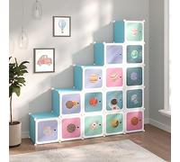 Owoxanthellate Armadietto per bambini, modulare, 15 cubi, in plastica PP impermeabile, 155 x 31,5 x 154 cm, robusto sistema di scaffalatura in effetto cartone animato, per cameretta dei bambini