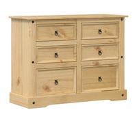 Owoxanthellate Comò Corona, credenza in legno di pino massiccio, 112 x 48 x | Cassettiera rustica a 6 scomparti per soggiorno e camera da letto. Finitura in cera di miele con maniglie in metallo.