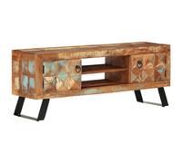 Owoxanthellate Credenza per TV, 112 x 30 x 45 cm, in legno riciclato massiccio e gambe in ferro retrò, con spazio di archiviazione, robusta e vintage, per soggiorno, camera da letto, ufficio