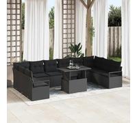 Owoxanthellate Divano angolare in polyrattan, 11 pezzi, nero, 100 x 55 x 73 cm, con cuscino e vano portaoggetti, resistente alle intemperie, per terrazza e balcone