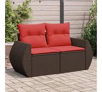 Owoxanthellate Divano da giardino a 2 posti, marrone, 142 x 62 x 69 cm, in polyrattan con cuscino rosso e spazio sotto la seduta, sala da giardino modulare per balcone, terrazza e piccoli spazi