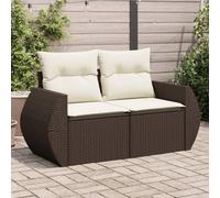 Owoxanthellate Divano da giardino a 2 posti, marrone, 142 x 62 x 69 cm, in rattan PE resistente alle intemperie, cuscino rimovibile color crema, mini divano salvaspazio per balcone, terrazza e