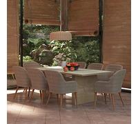 Owoxanthellate Gruppo da giardino in rattan sintetico, 200 x 100 cm, con braccioli in legno di acacia, tavolo in vetro, 8 sedie, cuscino grigio, per giardino, terrazza, balcone