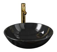 Owoxanthellate Lavabo con rubinetto, scarico nero e oro | Elegante lavabo da appoggio in vetro temperato con miscelatore monocomando per il tuo bagno o WC degli ospiti.