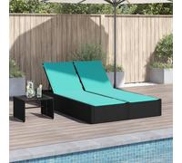 Owoxanthellate Lettino doppio, nero, in rattan sintetico, 123 x 200 cm, con cuscino turchese, regolabile in 3 posizioni, robusto e leggero, per giardino, balcone e piscina