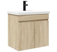 Owoxanthellate Mobile sottolavabo da bagno con lavabo e rubinetto, effetto rovere Sonoma, lavabo in ceramica, 61 x 40 x 74,5 cm, montaggio a parete, con vano portaoggetti