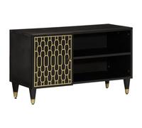 Owoxanthellate Mobile TV 80 x 31,5 x 46 cm in legno di mangomassio nero con intaglio a mano retrò, robusto telaio in ferro, look vintage per soggiorno, camera da letto e corridoio