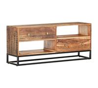 Owoxanthellate Mobile TV basso in legno di acacia grezzo, 120 x 30 x 50 cm, con 2 cassetti e gambe in ferro, design industriale, massiccio e stabile per soggiorno, corridoio, camera da letto