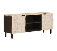 Owoxanthellate Mobile TV basso in legno massello di mango, con 2 ante e ripiani, bianco slavato per soggiorno, 105 x 33 x 46 cm