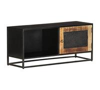 Owoxanthellate Mobile TV dal design industriale, mobile basso in legno di mango grezzo con motivo intagliato a mano, robusto telaio in ferro, tavolo TV per soggiorno, 90 x 30 x 40 cm