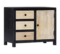 Owoxanthellate Mobiletto intagliato a mano in legno massello di mango, comò con 1 anta e 3 cassetti, credenza vintage grigio naturale, elegante credenza per soggiorno e corridoio, 75 x 35 x 60 cm