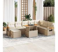 Owoxanthellate Sala da giardino in rattan sintetico, beige, 9 pezzi, 62 x 62 x 69 cm, con vano portaoggetti in legno di acacia, bracciolo, resistente alle intemperie, con cuscino per balcone, giardino