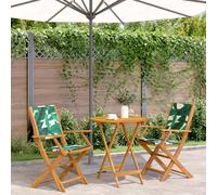Owoxanthellate Set da 3 pezzi con motivo a foglie, verde, 70 cm, in legno di acacia e 2 sedie pieghevoli, design moderno, robusto e resistente alle intemperie, per balcone, giardino, terrazzo