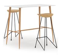Owoxanthellate Set da bar bianco, 120 x 60 x 105 cm, struttura in MDF effetto legno, 2 sgabelli da bar in teak, moderni, cucina, sala da pranzo, balcone