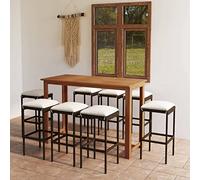 Owoxanthellate Set da bar da giardino, 9 pezzi, 150 x 70 x 105 cm, tavolo in legno di acacia con 8 sgabelli da bar in rattan e cuscini color crema, design moderno, robusto e durevole, per balcone