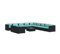 Owoxanthellate Set da giardino da 12 pezzi, in polyrattan, colore nero | Divano modulare per esterni con tavolo in vetro e morbide imbottiture, per balcone, terrazza e relax in giardino.