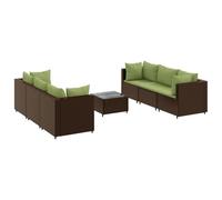 Owoxanthellate Set da giardino da 7 pezzi, in polyrattan, con tavolo, marrone | Set modulare in rattan con piano in vetro temperato e cuscini per il relax sulla terrazza, sul balcone o in cortile.
