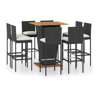Owoxanthellate Set da giardino da 9 pezzi con cuscini in polyrattan nero | Robusto set da bistrò per giardino e terrazza con tavolo in legno di acacia e otto comodi sgabelli da bar con imbottitura.