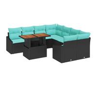 Owoxanthellate Set da pranzo da giardino con cuscini, 9 pezzi, in polyrattan, colore nero e verde acqua, set modulare con vano portaoggetti, piedi regolabili, per terrazza e giardino