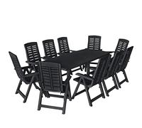 Owoxanthellate Set da pranzo da giardino in plastica color antracite, composto da un grande tavolo da giardino (216 x 90 cm) con foro per ombrellone e 10 sedie pieghevoli regolabili per terrazza e