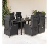 Owoxanthellate Set da pranzo da giardino in polyrattan nero, resistente alle intemperie, 150 x 90 x 75 cm, tavolo e 6 poltrone regolabili con cuscino per terrazza, balcone, giardino d'inverno