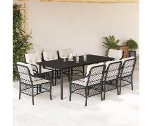 Owoxanthellate Set da pranzo da giardino nero, 9 pezzi, 200 x 100 x 74 cm, 8 sedie, cuscini color crema, in rattan sintetico, per balcone/esterni